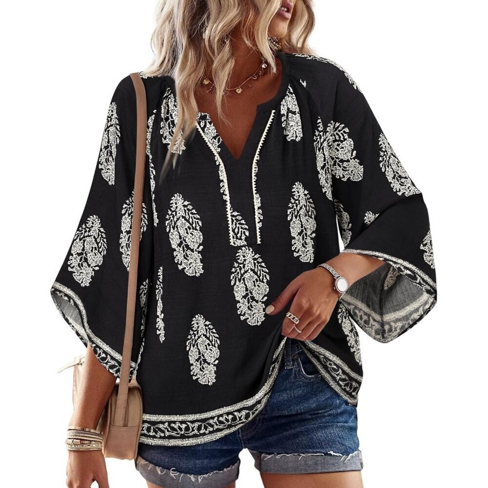 Womens Boho Top Rayon Linen X-Large V-Neck 3/4 Sleeve Floral Casual